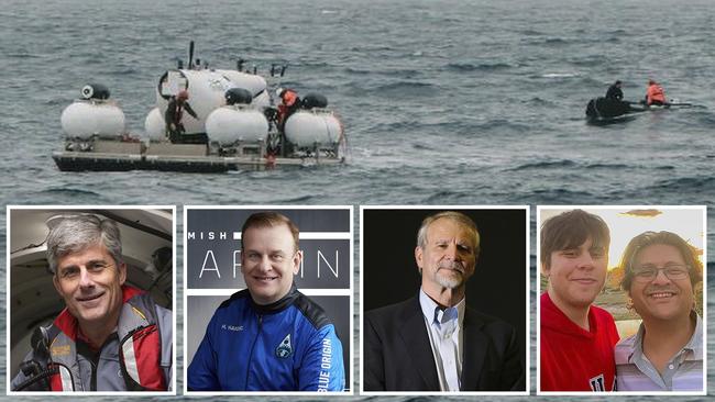 The missing submarine, top, in what is believed to be the last photo of Titan, has been found with the passengers confirmed dead: from left, Stockton Rush, CEO of OceanGate, British billionaire Hamish Harding, 58, Titanic explorer Paul-Henri Nargeolet, Pakistani-British tycoon Shanzada Dawood, 48, and his son Sulaiman, 19,