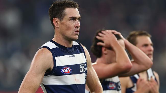 MELBOURNE, AUSTRALIA - MAY 04: Jeremy Cameron of the Cats looks dejected after losing the round eight AFL match between Melbourne Demons and Geelong Cats at Melbourne Cricket Ground, on May 04, 2024, in Melbourne, Australia. (Photo by Quinn Rooney/Getty Images)