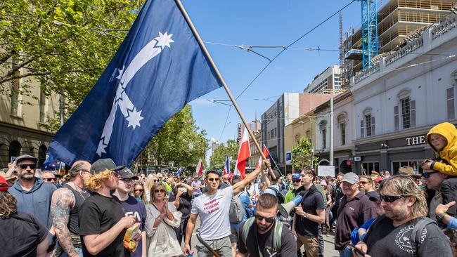 Freedom Rally protesters gather at the Victorian state parliament in Melbourne’s CBD on November 20. Picture: Jason Edwards