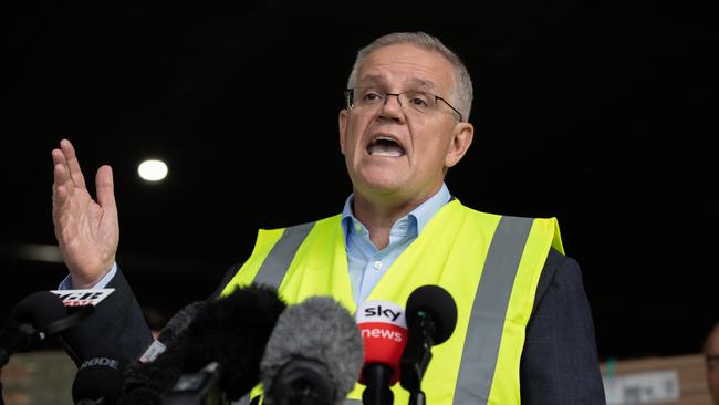 Prime Minister Scott Morrison visits a factory. Picture: Jason Edwards