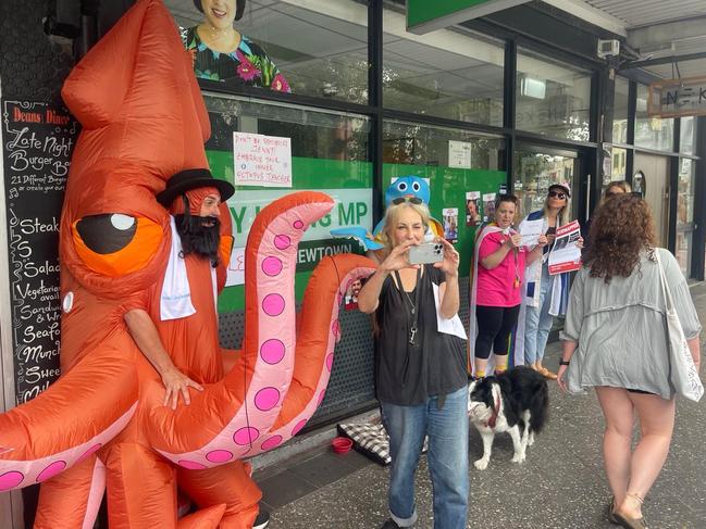 11 February 2024. Protesters including a giant Jewish squid - gathered outside Jenny Leong's Newtown office today following her anti semitic remarks about Jews spreading their tentacles into world affairs. Photo: Supplied