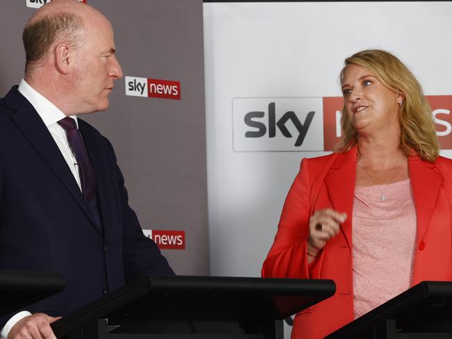 DAILY TELEGRAPH 28TH APRIL 2022Pictured at North Sydney Oval for a Sky News Debate ahead of the 2022 federal election is Liberal MP Trent Zimmerman and Independent Kylie Tink.Picture: Richard Dobson