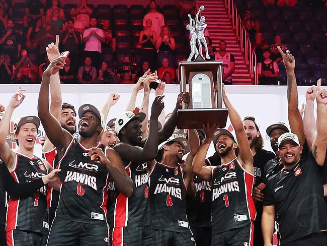 Illawarra Hawks celebrate with the championship trophy. Picture: Getty Images
