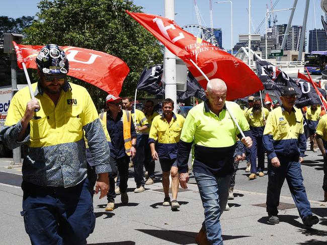 BRISBANE, AUSTRALIA - NewsWire Photos DECEMBER 6, 2023: Union members protested at 1 William Street in the Brisbane CBD against the government failing to introduce laws to decriminalise sex work before the end of the sitting year as promised. Picture: NCA NewsWire/Tertius Pickard