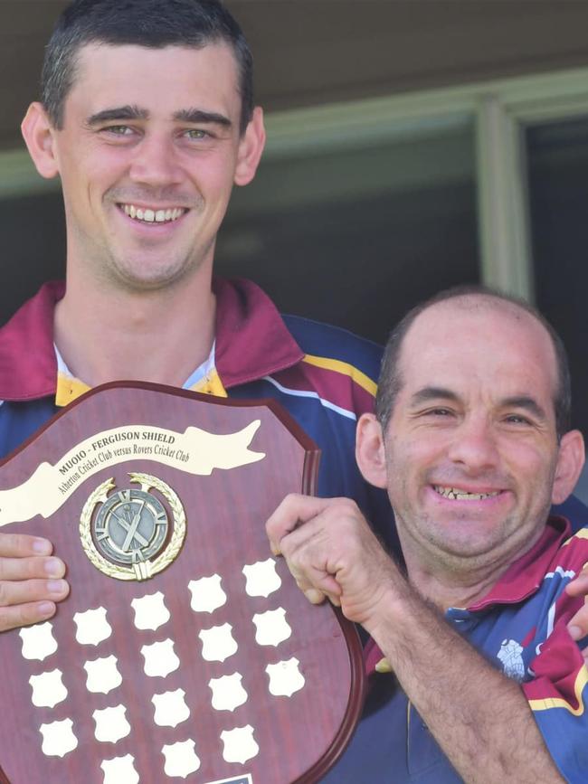 Atherton captain Tom Boorman (l) and Atherton life member Anthony Muoio (r) holding the Muoio-Ferguson shield.