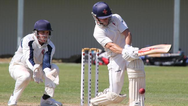 Cricket Gold Coast Kookaburra Cup 1st grade clash between Mudgeeraba Nerang Bushmen and Surfers Paradise Demons at Corbwood Oval, Carrara, on October 23 2021. Mudgeeraba Batsman: Josh Nelson Surfers Bowler: Pic Mike Batterham