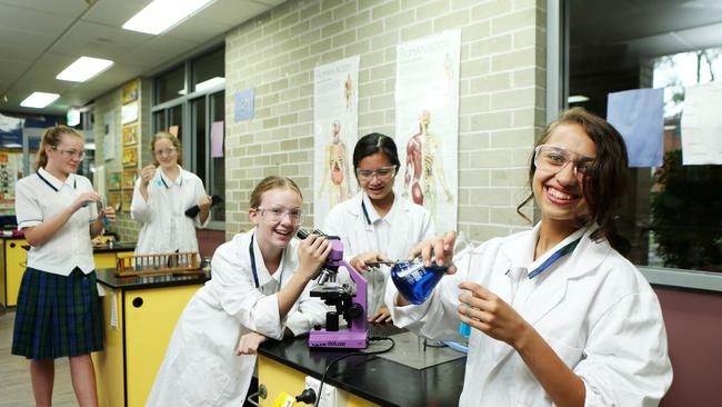 Former students from left Ashleigh Witteveen, Sarah Smith, Serina Wilson, Airi Gen and Marvel Gebraeel, at Nagle College in Blacktown back in 2017. Picture: Tim Hunter.