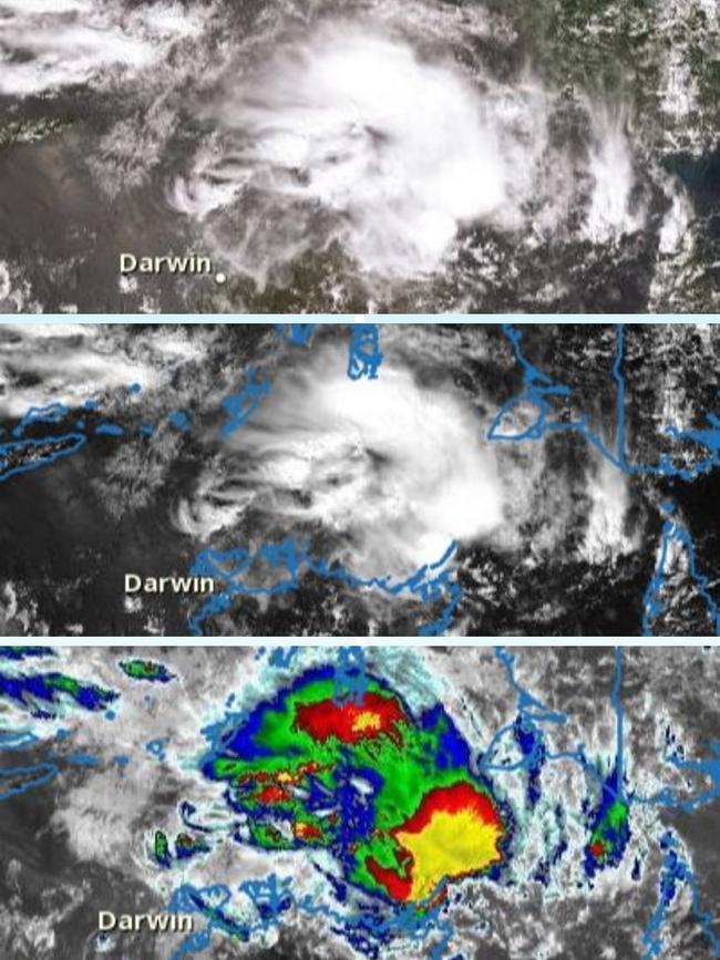 Satellite images of the low which is expected to form into Tropical Cyclone Claudia in the Arafura Sea off the Northern Territory coast. Pictures: Bureau of Meteorology