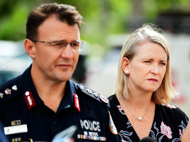 Acting NT Chief Minister Nicole Manison listen as NT Police Commissioner Reece Kershaw addresses the media outside NT Parliament House, regarding the rape of a 2 year girl in Tennant Creek. Picture: Justin Kennedy