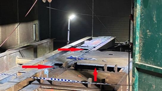 Contract mine worker Craig Hugo died when he fell down one of two sections of steel plate which had been cut out over a 400m mine shaft during the decommissioning of the Austar coal mine at Ellalong. The picture shows arrows pointing to each area of cut steel plate. Picture: NSW Resources Regulator.