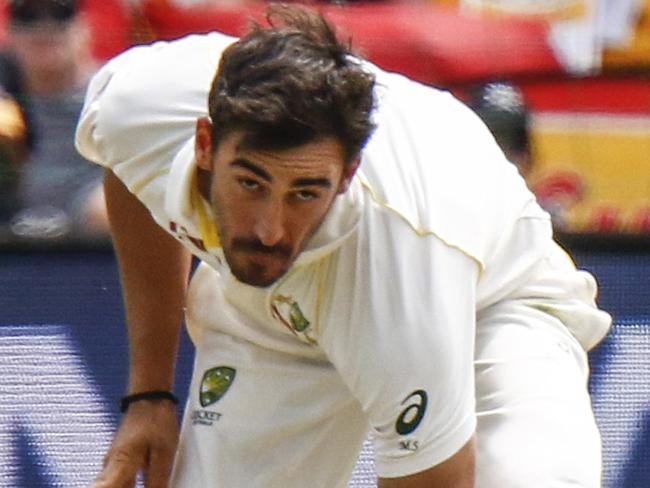 Australia's Mitchell Starc bowls on the second day of the second cricket test between South Africa and Australia at St. George's Park in Port Elizabeth, South Africa, Saturday, March 10, 2018. (AP Photo/Michael Sheehan)