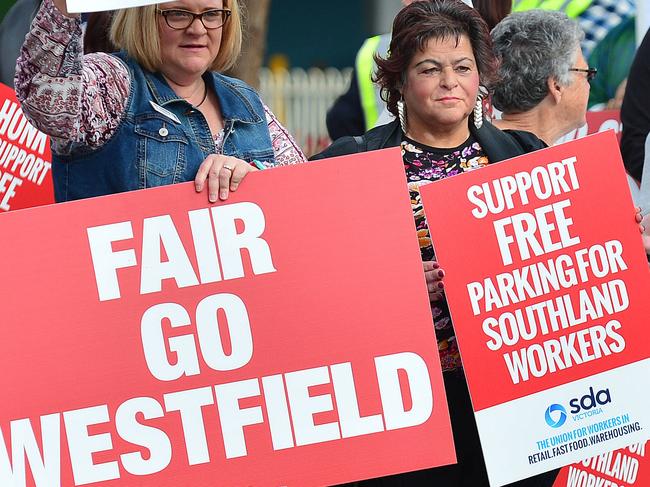 Parking Protest against the proposed new parking fees at Westfield Southland. Workers are upset they will have to pay while they are at work. Member for Mordialloc, Tim Richardson was amongst the protesters.Picture : Nicki Connolly