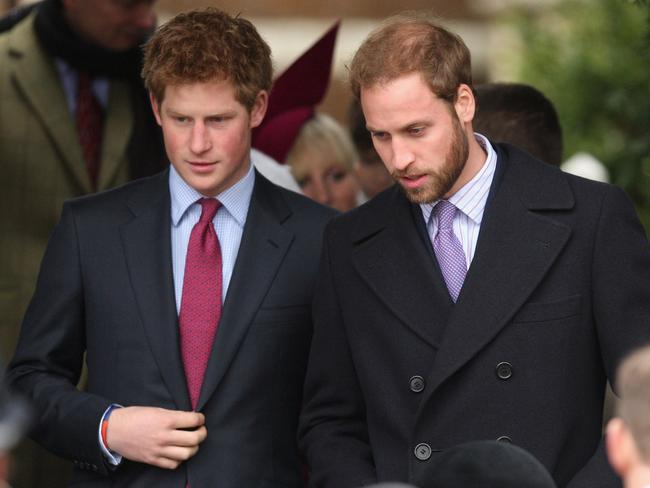 Prince Harry and Prince William attend the Christmas Day church service at St Mary's Church in Sandringham, England in 2008. Picture: Getty Images