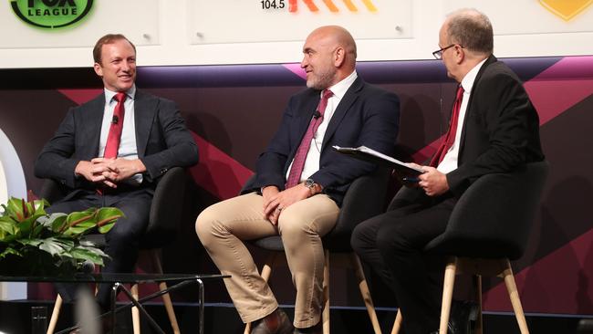 The Courier-Mail's Robert Craddock with Darren Lockyer and Gordon Tallis at the 2019 NRL Season Launch. Picture: Tara Croser