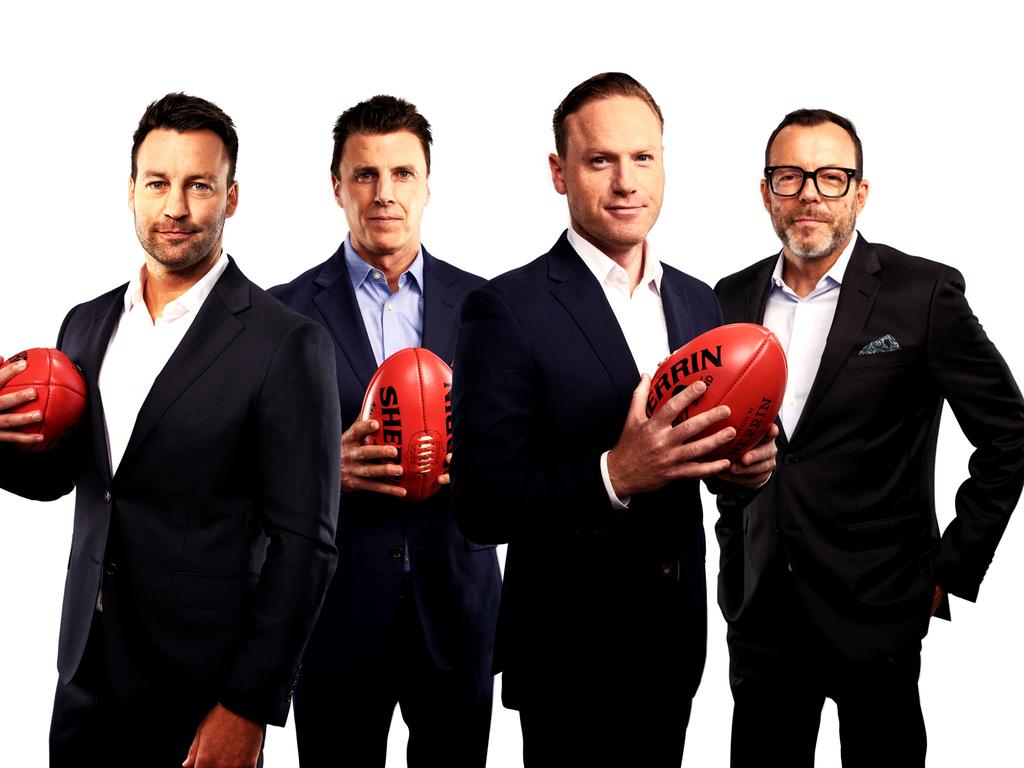 The Footy Classified panel of Jimmy Bartel, Matthew Lloyd, Sam McClure and Damian Barrett. Picture: Channel 9