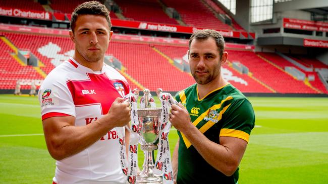 Image ©Licensed to i-Images Picture Agency. 24/10/2016. Liverpool, United Kingdom. Four Nations launch. L to R Australia's Cameron Smith and England's Captain England captain Sam Burgess, join players from the Four Nations Rugby League teams during a press conference at Liverpool FC, Anfield, Liverpool, before the tournament starts on Friday 28th October. Picture by Andrew Parsons / i-Images