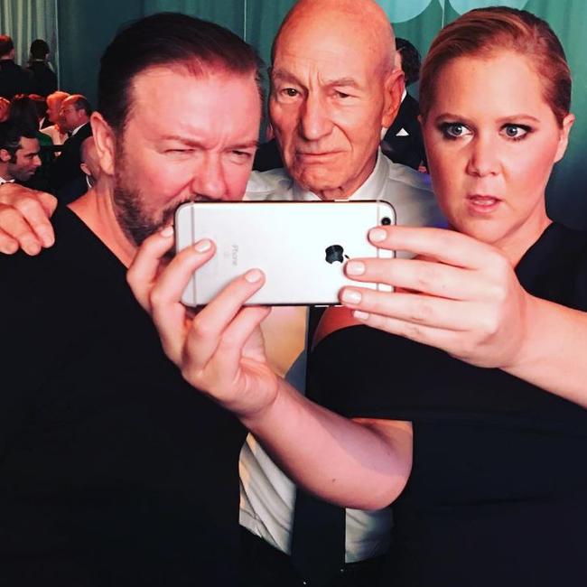 Amy Schumer with Ricky Gervais and Patrick Stewart, 