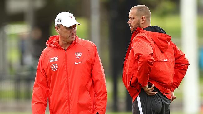 Swans coach John Longmire and superstar forward Lance Franklin are hopeful he can beat his striking charge. Picture: Phil Hillyard