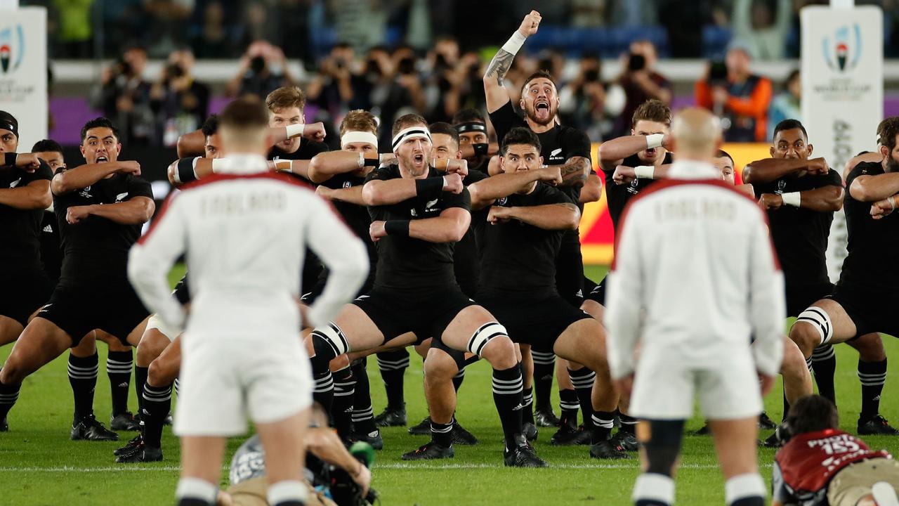 New Zealand players perform the haka at the International Stadium Yokohama.