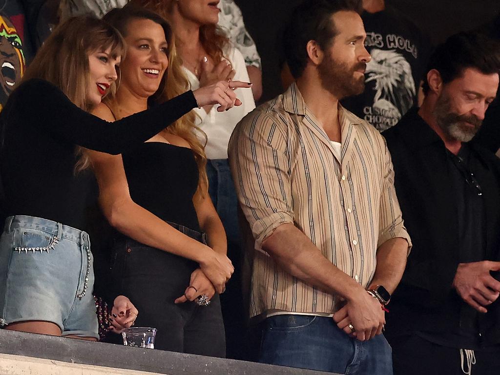 Taylor Swift, Blake Lively, Ryan Reynolds and Hugh Jackman at the Chiefs’ game in New York. Picture: Dustin Satloff/Getty Images