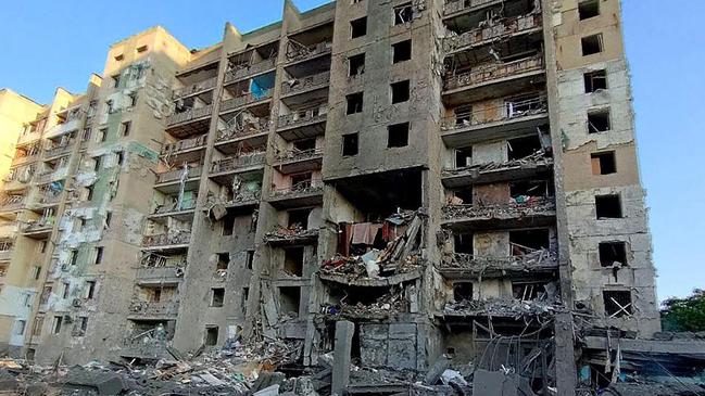 An apartment building in the Ukrainian town of Serhiivka, near Odessa, has been destroyed by a Russian missile strike. Picture: AFP