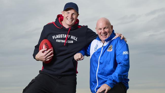 Great mates off the field, SA footy icons Sam Jacobs and Andrew Jarman will clash in the Southern Football League this season. Picture: Matt Loxton