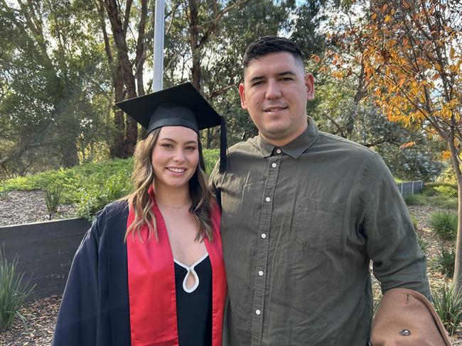 Chloe Stone, with Zac Kena, graduates with a Graduate Diploma in Midwifery from La Trobe University on May 14, 2024. Picture: Brittany Busch