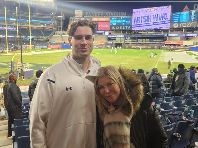 Leonie and James Rendell after Notre Dame won at Yankee Stadium in December.