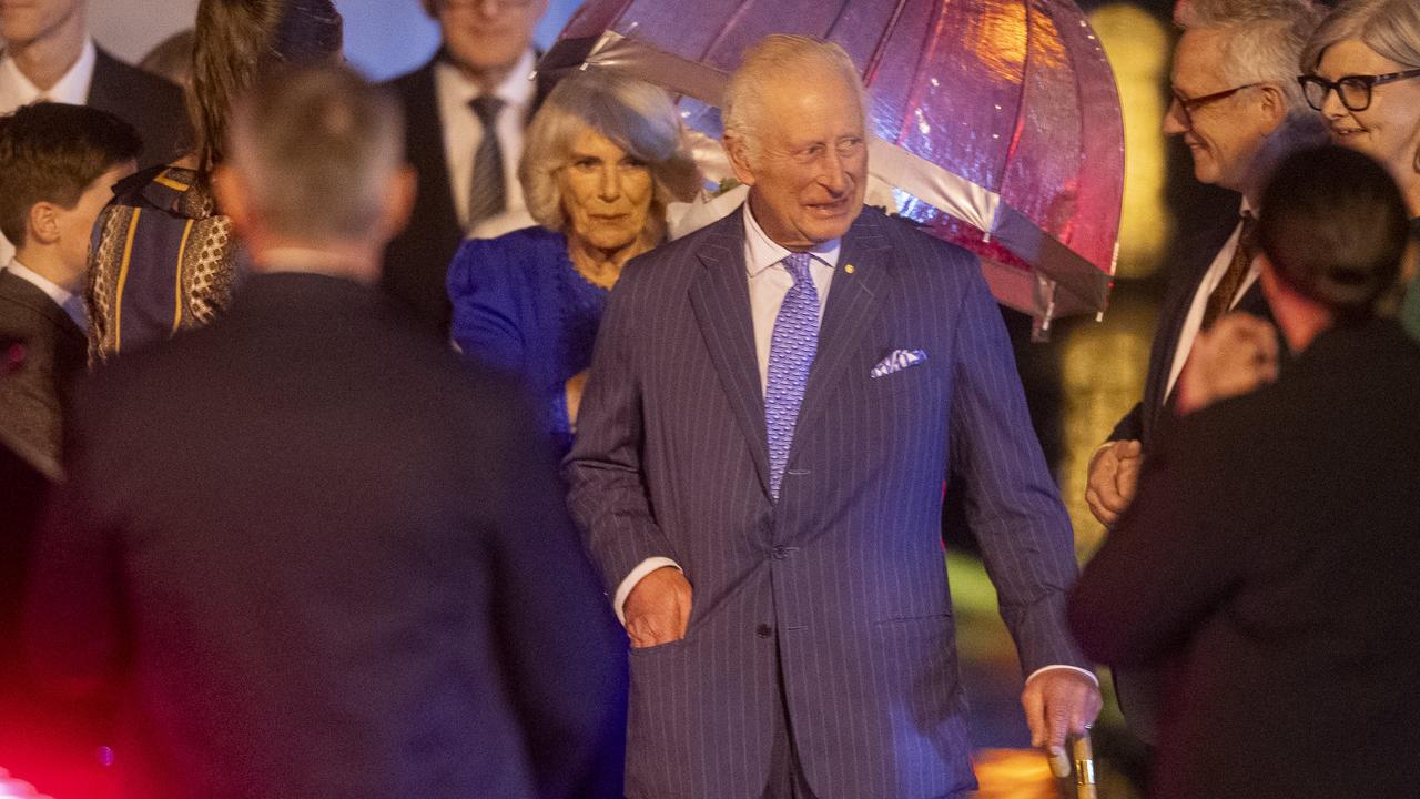 It was a wet and stormy Sydney welcome for their Majesties for the beginning of their royal tour. Picture: NewsWire / Jeremy Piper