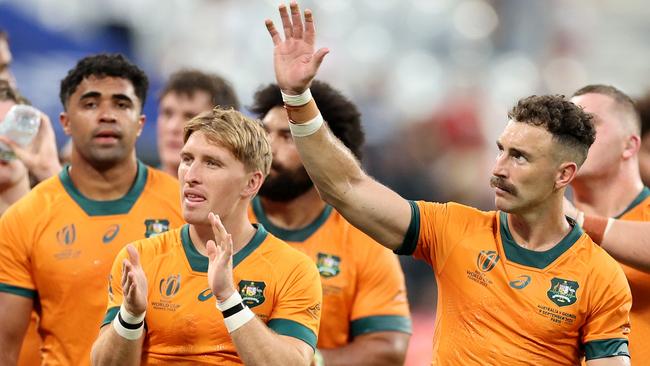 PARIS, FRANCE – SEPTEMBER 09: Nic White of Australia waves to the fans at full-time following the Rugby World Cup France 2023 match between Australia and Georgia at Stade de France on September 09, 2023 in Paris, France. (Photo by Warren Little/Getty Images)