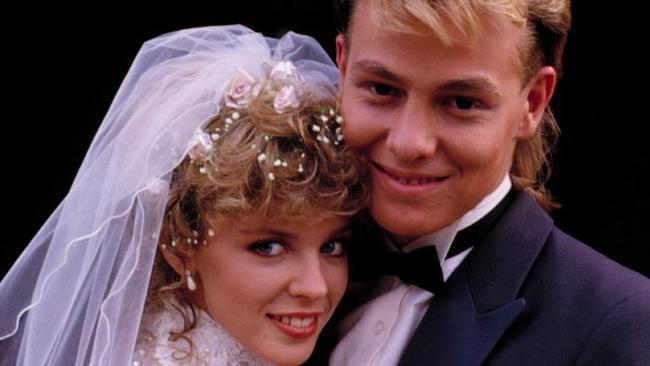 Kylie Minogue and Jason Donovan as Scott and Charlene in a scene from the TV series Neighbours. Picture: Supplied by Network Ten.