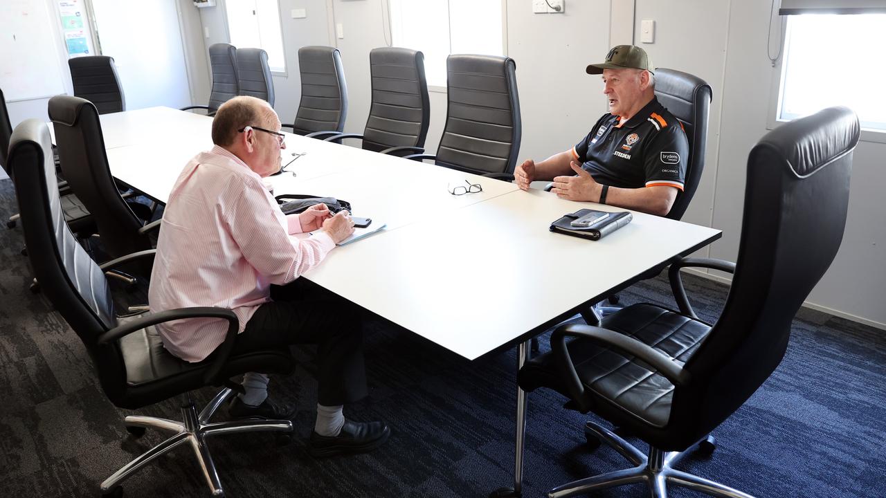 The Daily Telegraph’s Sports Editor-at-large Phil Rothfield and Wests Tigers head of football Tim Sheens discuss the club’s issues at their training facility in Concord. Picture: Richard Dobson