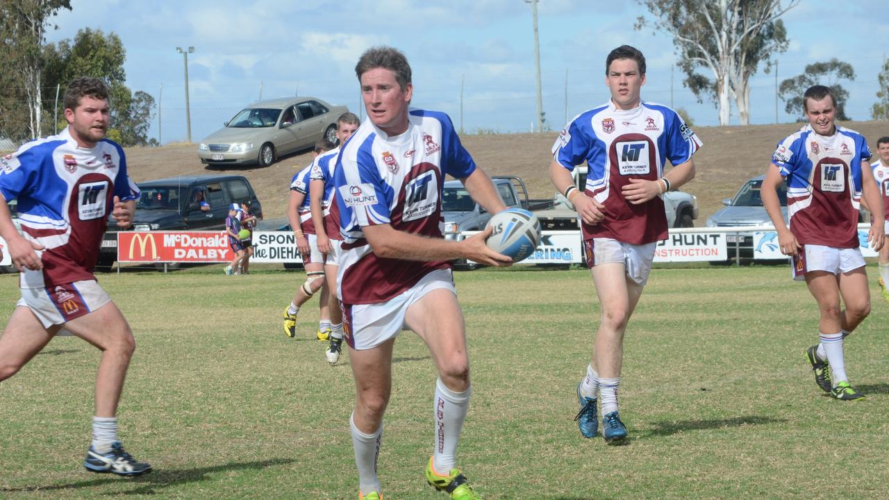 Diehards reserves player Brenton Mcmillan looks for support against Valleys. Photo Will Hunter / Dalby Herald