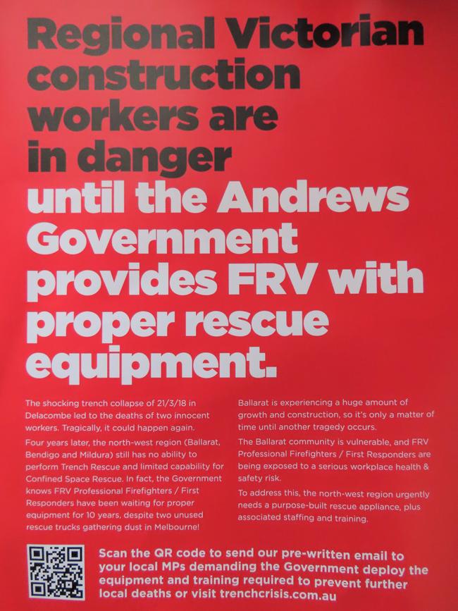 A union campaign flyer urging the state government to provide Fire Rescue Victoria with more rescue equipment. “It’s only a matter of time until another tragedy occurs,” it reads.