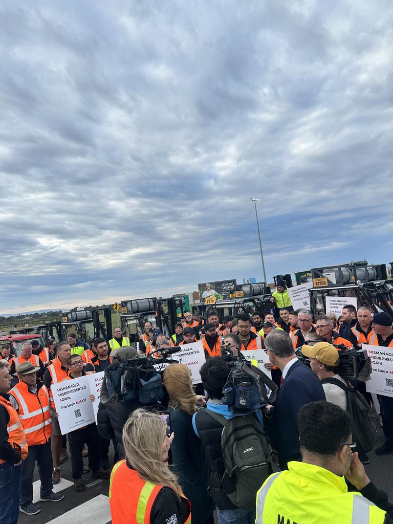 Wholesalers block an entry to the Melbourne Market on Wednesday in protest over plans to double their rent. Picture: Supplied