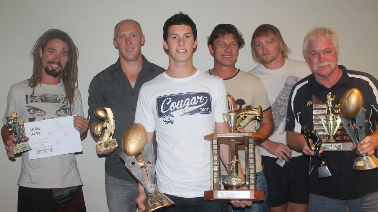 BEST OF THE BEST: Luke Adamson (most courageous), Troy Weller (leading goal kicker), Matthew Laskey (best and fairest), Doug Buleen (coach's award), Cameron Adam (most consistent) and Grant Brockley (representing his son Denholm, best and fairest runner-up and best defender).