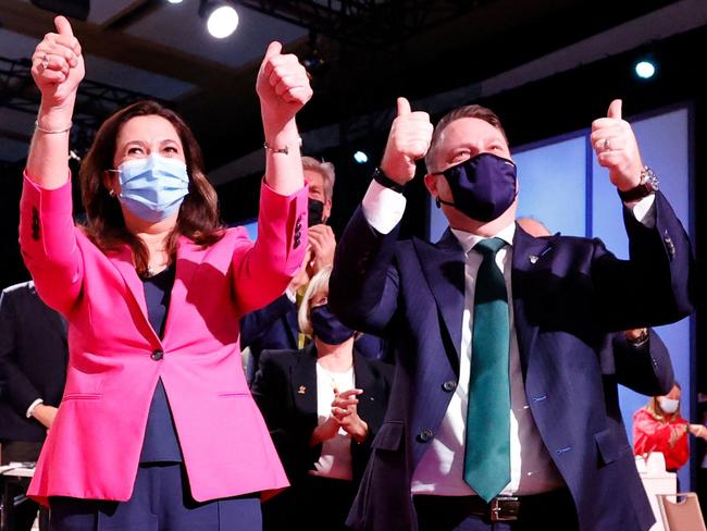 Premier Annastacia Palaszczuk and Lord Mayor Adrian Schrinner celebrate Brisbane’s confirmation as host city of the 2032 Olympics in Tokyo last month.