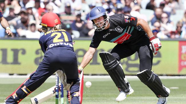 T20 Showdown - Port v Crows at the Adelaide Oval. Arch AFL rivals play a T20 cricket for Bushfire Charities. Travis Boak gets run out on 44 runs by Bridget Patterson off the bowling of Rashid Khan  Picture SARAH REEDT