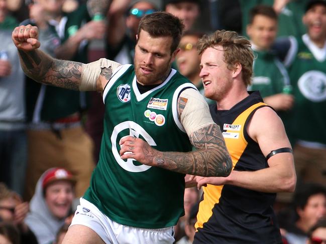 Luke Stanton of Greensborough celebrates a goal during the NFL Division 1 grand final against Heidelberg in 2014. Picture: Mark Dadswell