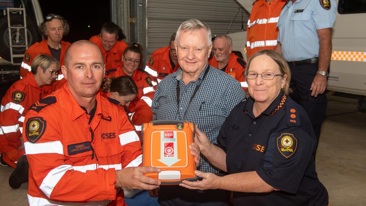 Lowood SES volunteer Daniel Giddins, with St Johns Ambulance manager of event health services Leo McNamara and Lowood captain Carol Conboy. PHOTO: Ali Kuchel