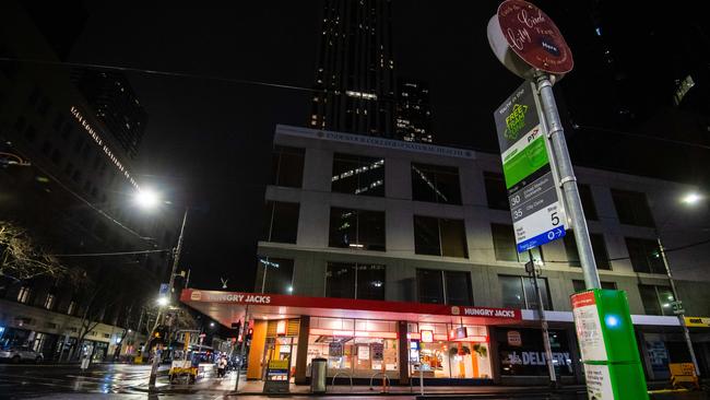 Empty streets in Melbourne’s CBD ahead of last night’s 8pm curfew. Picture: Jason Edwards