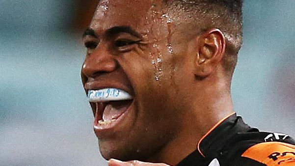 Tigers' Kevin Naiqama celebrates scoring a try during NRL match Wests Tigers v Parramatta Eels at ANZ Stadium. picture. Phil Hillyard