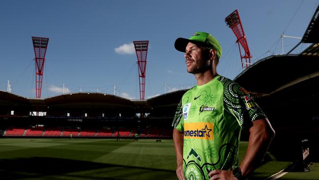 SYDNEY, AUSTRALIA - JANUARY 12: David Warner poses during a Sydney Thunder BBL media opportunity at Sydney Showground Stadium on January 12, 2023 in Sydney, Australia. (Photo by Matt King/Getty Images)