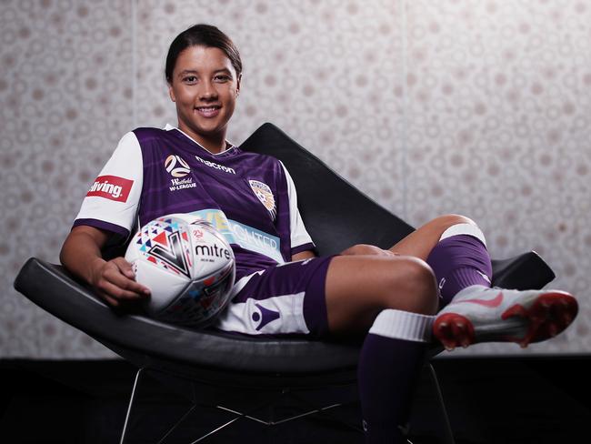 Sam Kerr, one of the world's best footballers has today re-signed with the Perth Glory and is FFA have announced they have used the marquee player funds to keep her in Australia. A first for Women's Football. Picture. Phil Hillyard