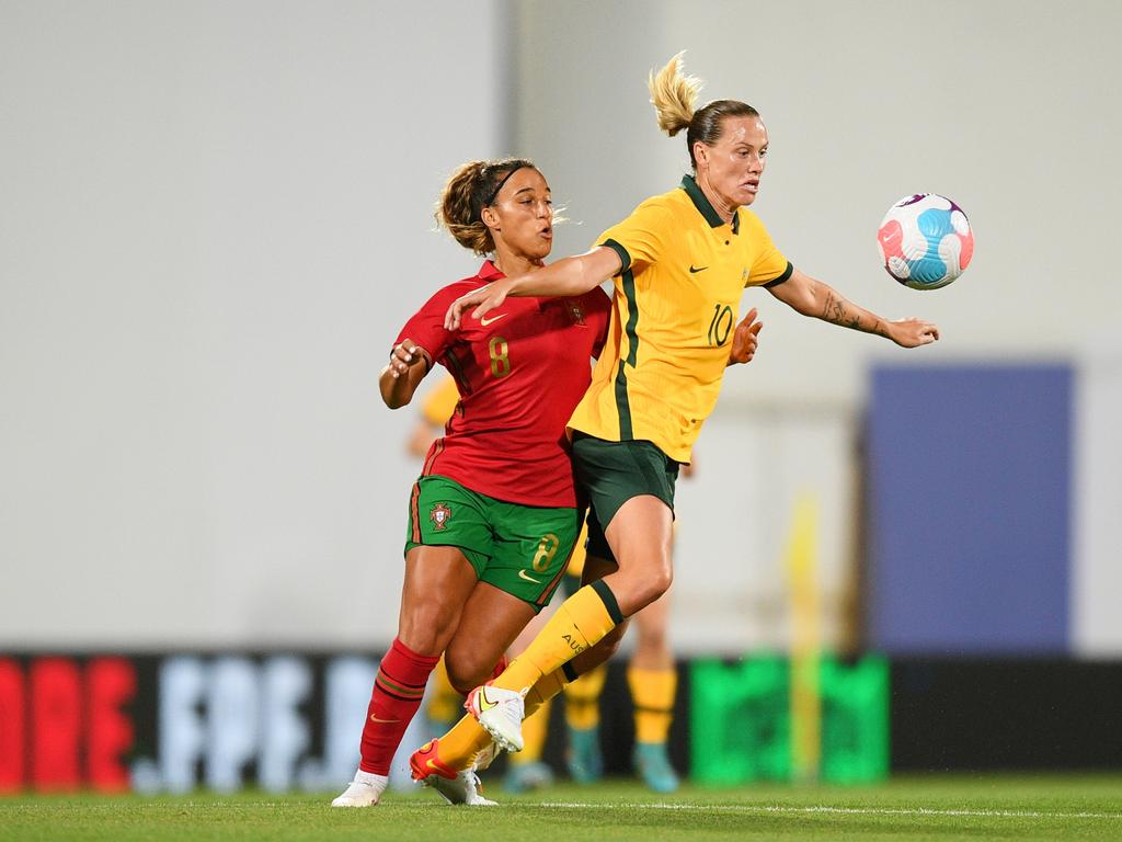 Matildas midfielder Emily van Egmond (right) is challenged by Portugal’s Andreia Norton. Picture: Octavio Passos/Getty Images