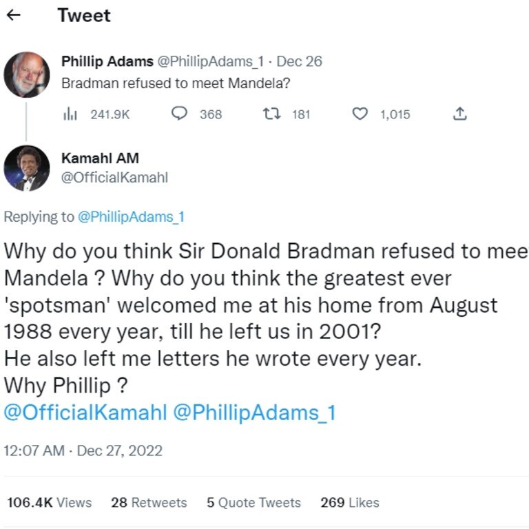 Phillip Adams and Kamahl's Twitter feud about Sir Donald Bradman and replies. Picture: Twitter