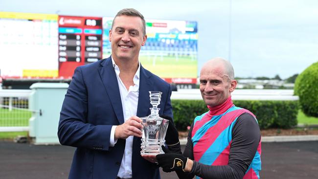 Vlad Duric with Tony Gollan after Antino’s Group 2 Victory Stakes win at Eagle Farm. Picture: Grant Peters/Trackside Photography