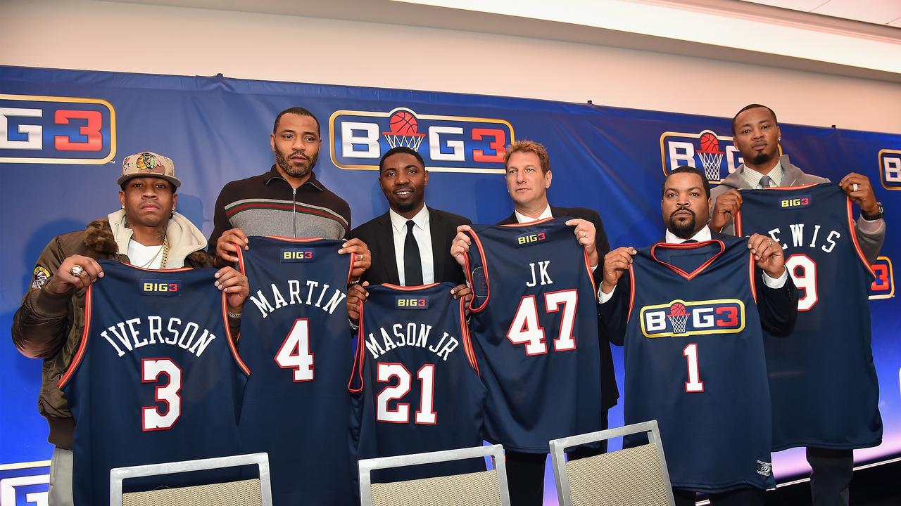 Allen Iverson, Kenyon Martin; Roger Mason Jr., Jeff Kwatinetz, Ice Cube, and Rashard Lewis attend a press conference announcing the launch of the BIG3. Photo by Michael Loccisano/Getty Images for BIG3.