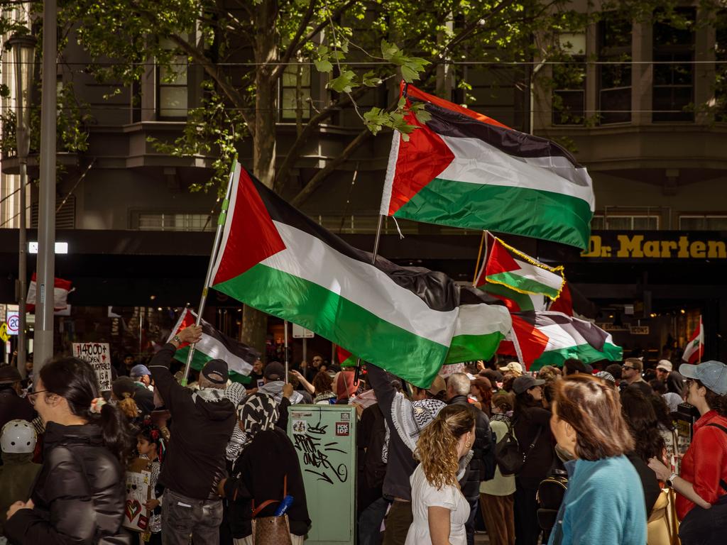 MELBOURNE, AUSTRALIA. NewsWire Photos. OCTOBER 6, 2024. A group of protesters wave Palestinian flags in MelbourneÃs city centre during a Pro-Palestine rally. The demonstration focused on Gaza and the Israeli occupation. Picture: NewsWire.