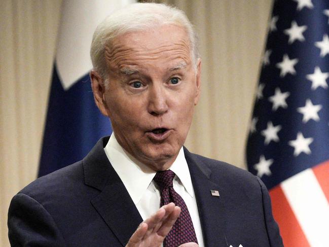 US President Joe Biden addresses a joint press conference with Finland's President after the US-Nordic leaders summit in Helsinki on July 13, 2023. (Photo by Alessandro Rampazzo / AFP)